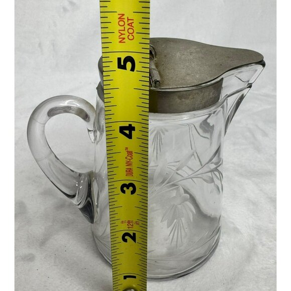Vintage Glass Syrup Pitcher With Hinged Lid & Etched Floral Design - Picture 8 of 8
